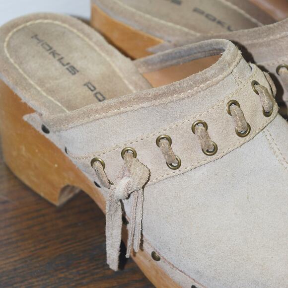Vintage Hokus Pokus Wooden Suede Leather Platform Mules Clogs - Picture 3 of 9